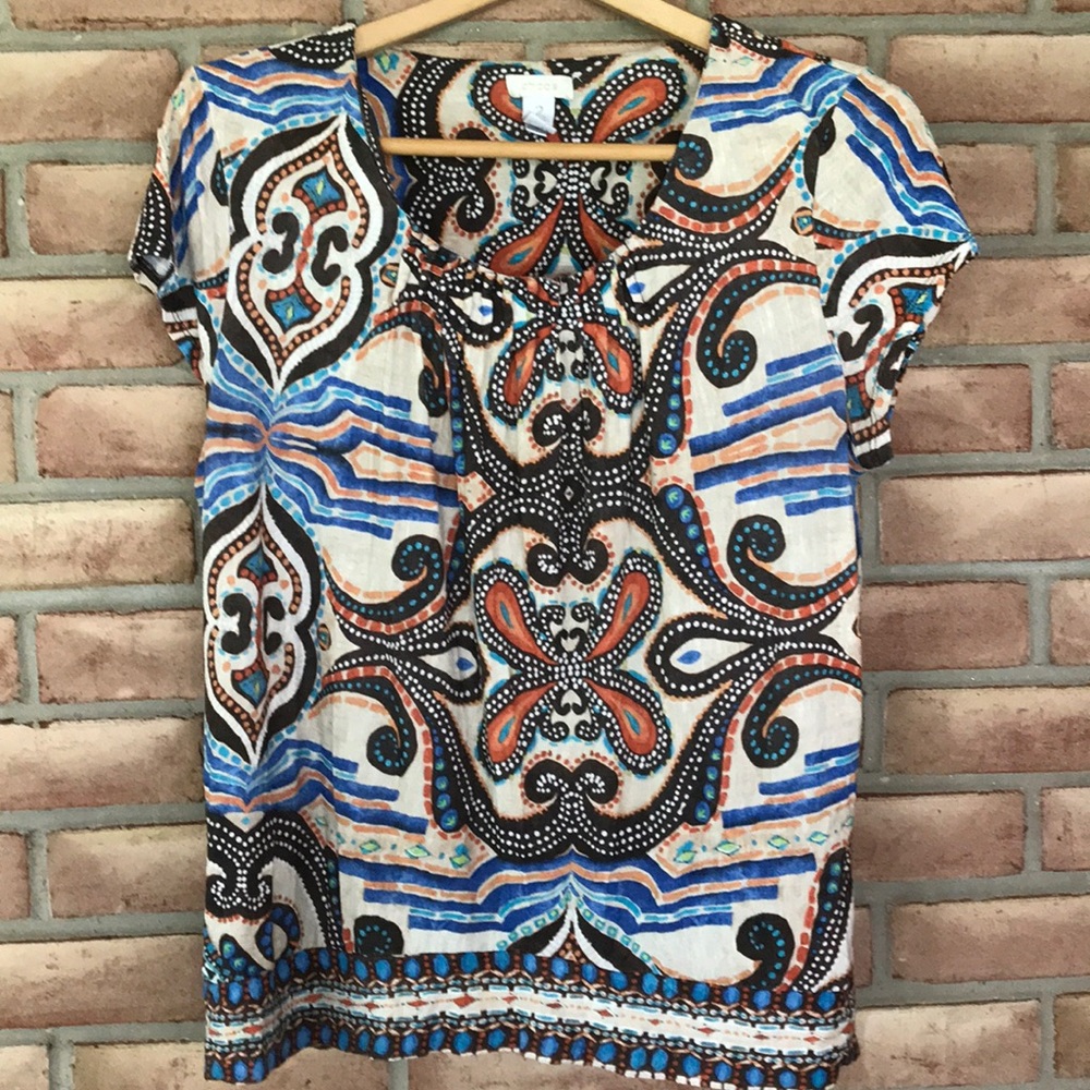 Chico’s size L (2) short sleeved multi-colored top